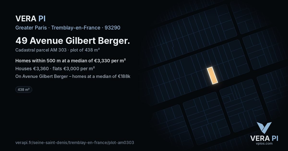 49 Avenue Gilbert Berger, Tremblay-en-France at night – the plot lit, the parcels around coloured by the prices near them