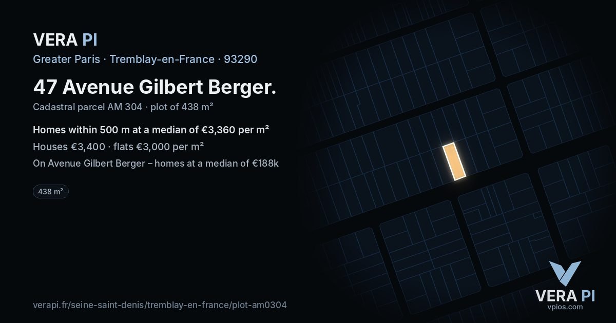 47 Avenue Gilbert Berger, Tremblay-en-France at night – the plot lit, the parcels around coloured by the prices near them
