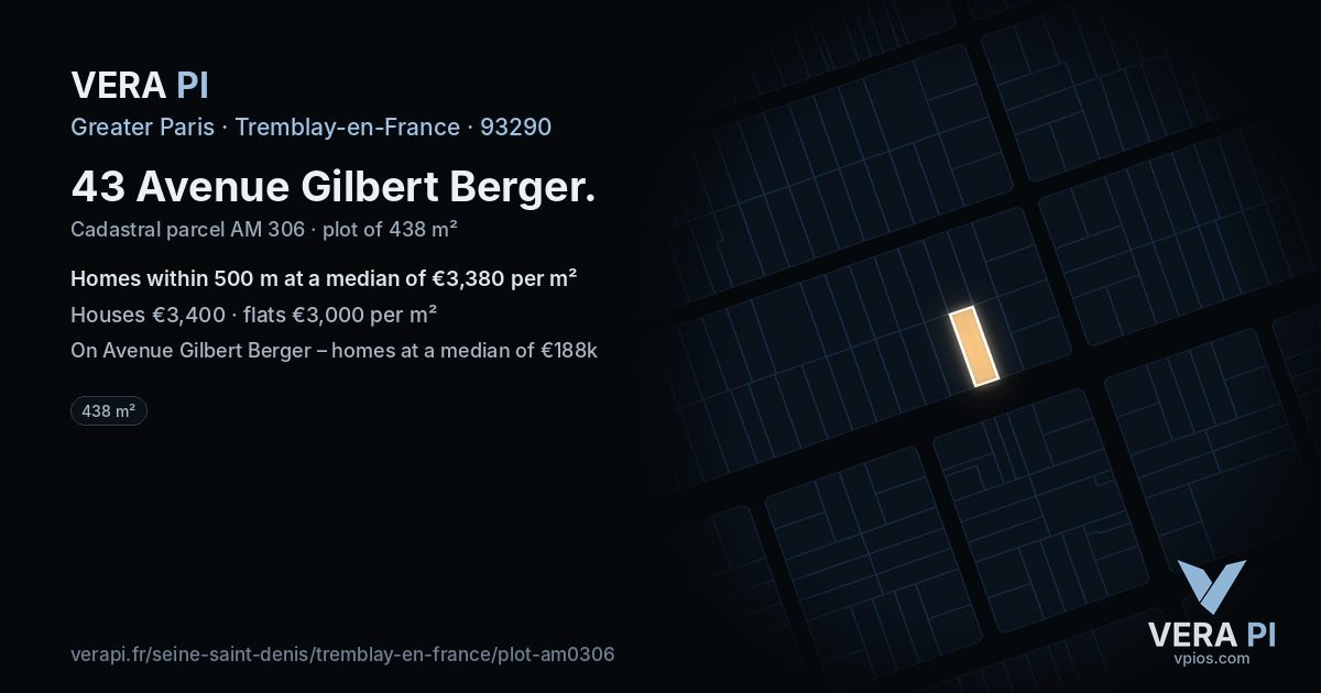 43 Avenue Gilbert Berger, Tremblay-en-France at night – the plot lit, the parcels around coloured by the prices near them