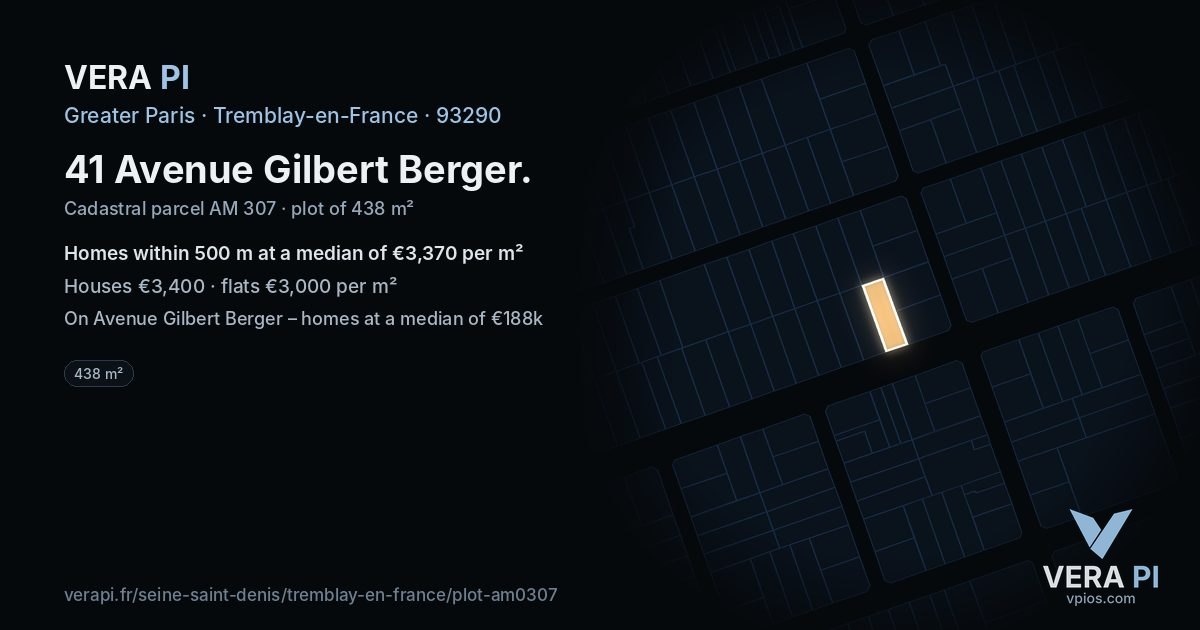 41 Avenue Gilbert Berger, Tremblay-en-France at night – the plot lit, the parcels around coloured by the prices near them