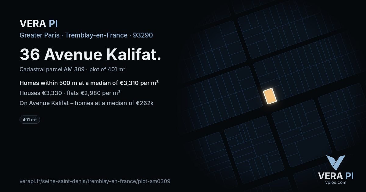 36 Avenue Kalifat, Tremblay-en-France at night – the plot lit, the parcels around coloured by the prices near them