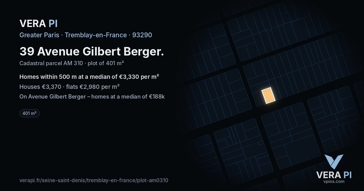 39 Avenue Gilbert Berger, Tremblay-en-France at night – the plot lit, the parcels around coloured by the prices near them