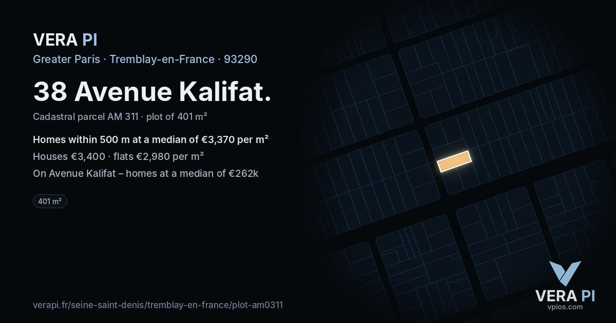38 Avenue Kalifat, Tremblay-en-France at night – the plot lit, the parcels around coloured by the prices near them