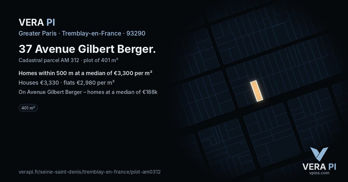 37 Avenue Gilbert Berger, Tremblay-en-France at night – the plot lit, the parcels around coloured by the prices near them