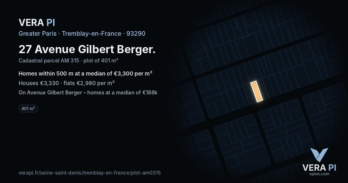 27 Avenue Gilbert Berger, Tremblay-en-France at night – the plot lit, the parcels around coloured by the prices near them