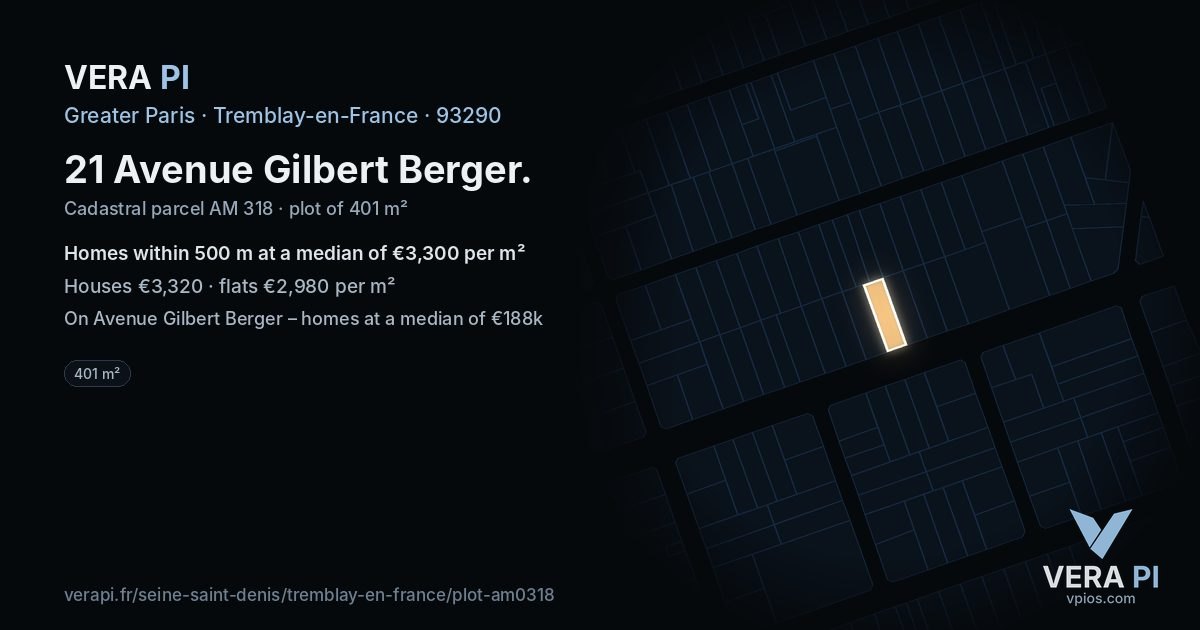 21 Avenue Gilbert Berger, Tremblay-en-France at night – the plot lit, the parcels around coloured by the prices near them