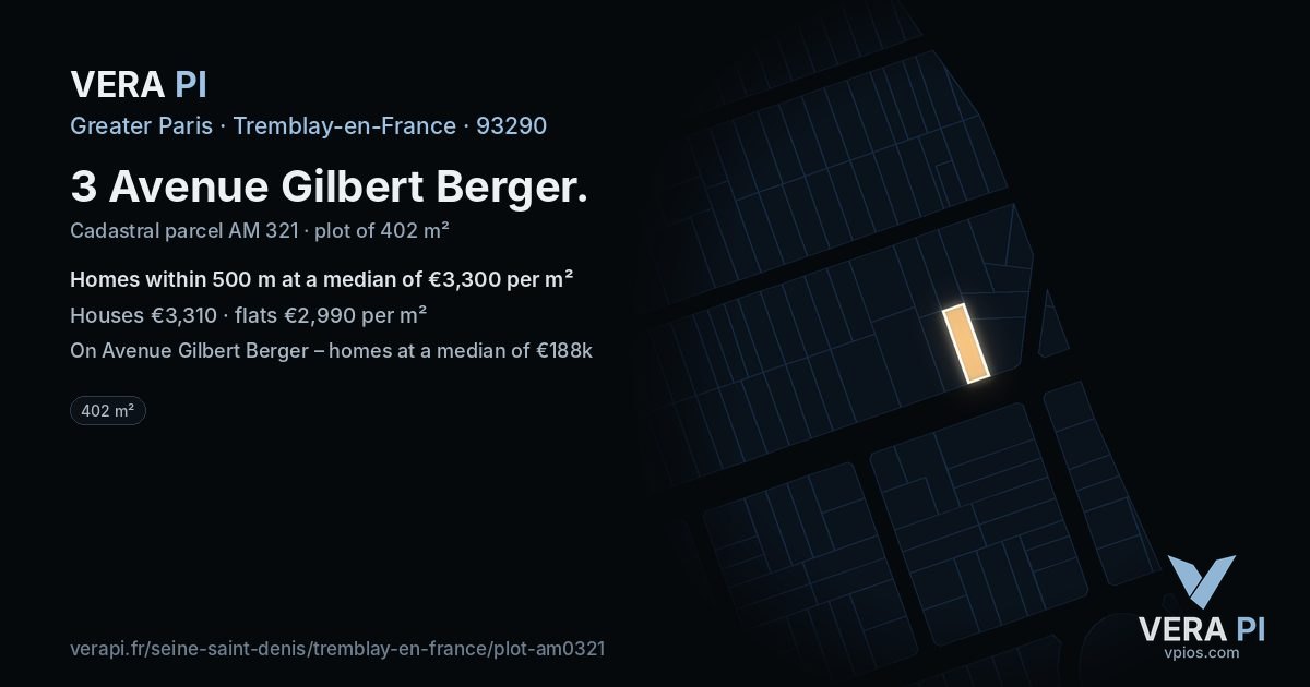 3 Avenue Gilbert Berger, Tremblay-en-France at night – the plot lit, the parcels around coloured by the prices near them