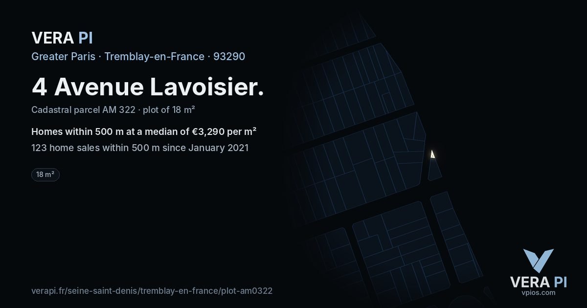 4 Avenue Lavoisier, Tremblay-en-France at night – the plot lit, the parcels around coloured by the prices near them