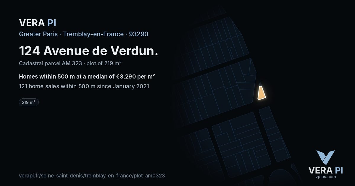 124 Avenue de Verdun, Tremblay-en-France at night – the plot lit, the parcels around coloured by the prices near them