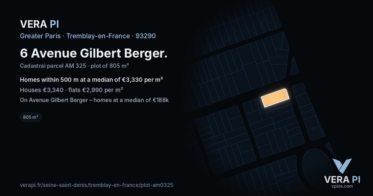6 Avenue Gilbert Berger, Tremblay-en-France at night – the plot lit, the parcels around coloured by the prices near them