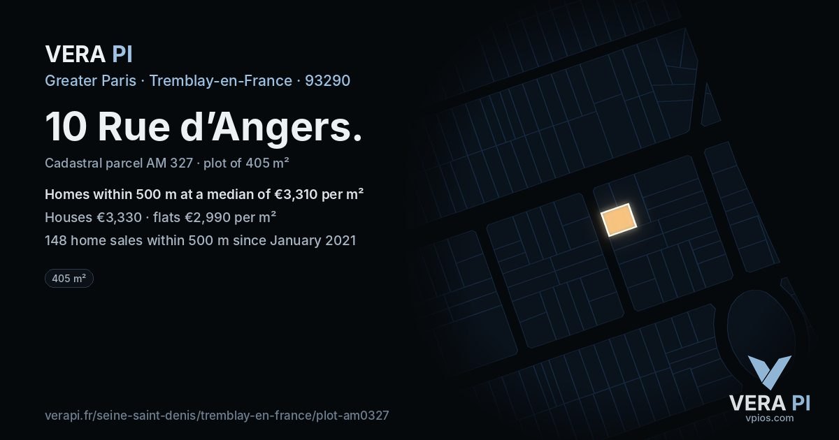 10 Rue d’Angers, Tremblay-en-France at night – the plot lit, the parcels around coloured by the prices near them