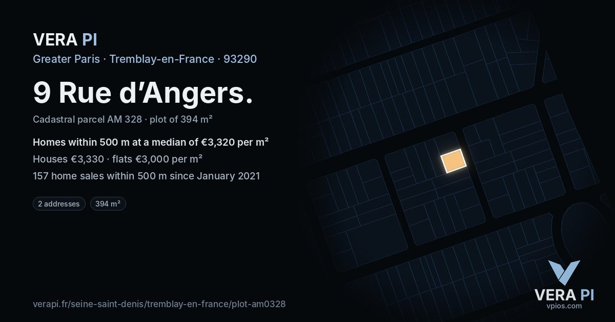 9 Rue d’Angers, Tremblay-en-France at night – the plot lit, the parcels around coloured by the prices near them