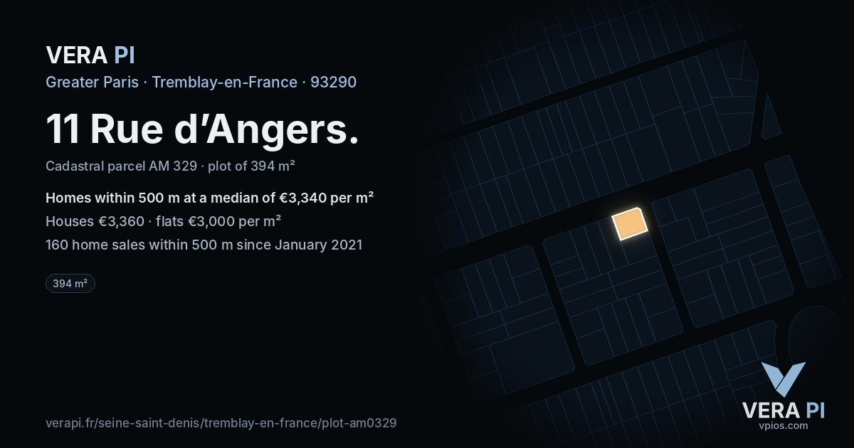 11 Rue d’Angers, Tremblay-en-France at night – the plot lit, the parcels around coloured by the prices near them