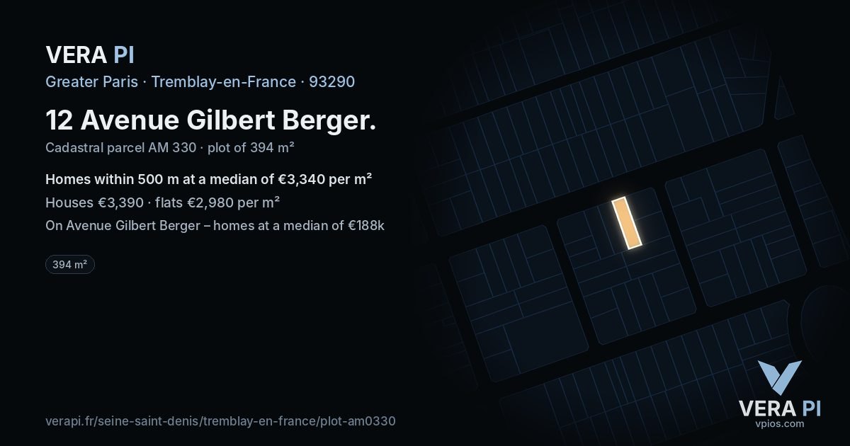 12 Avenue Gilbert Berger, Tremblay-en-France at night – the plot lit, the parcels around coloured by the prices near them