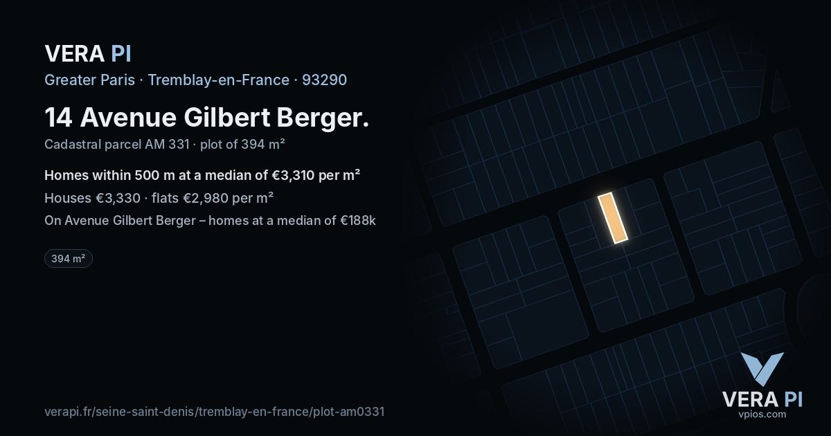 14 Avenue Gilbert Berger, Tremblay-en-France at night – the plot lit, the parcels around coloured by the prices near them