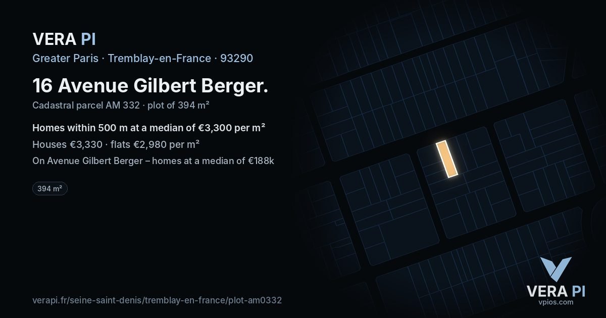 16 Avenue Gilbert Berger, Tremblay-en-France at night – the plot lit, the parcels around coloured by the prices near them