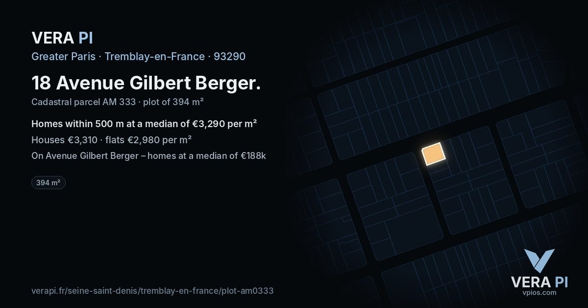 18 Avenue Gilbert Berger, Tremblay-en-France at night – the plot lit, the parcels around coloured by the prices near them