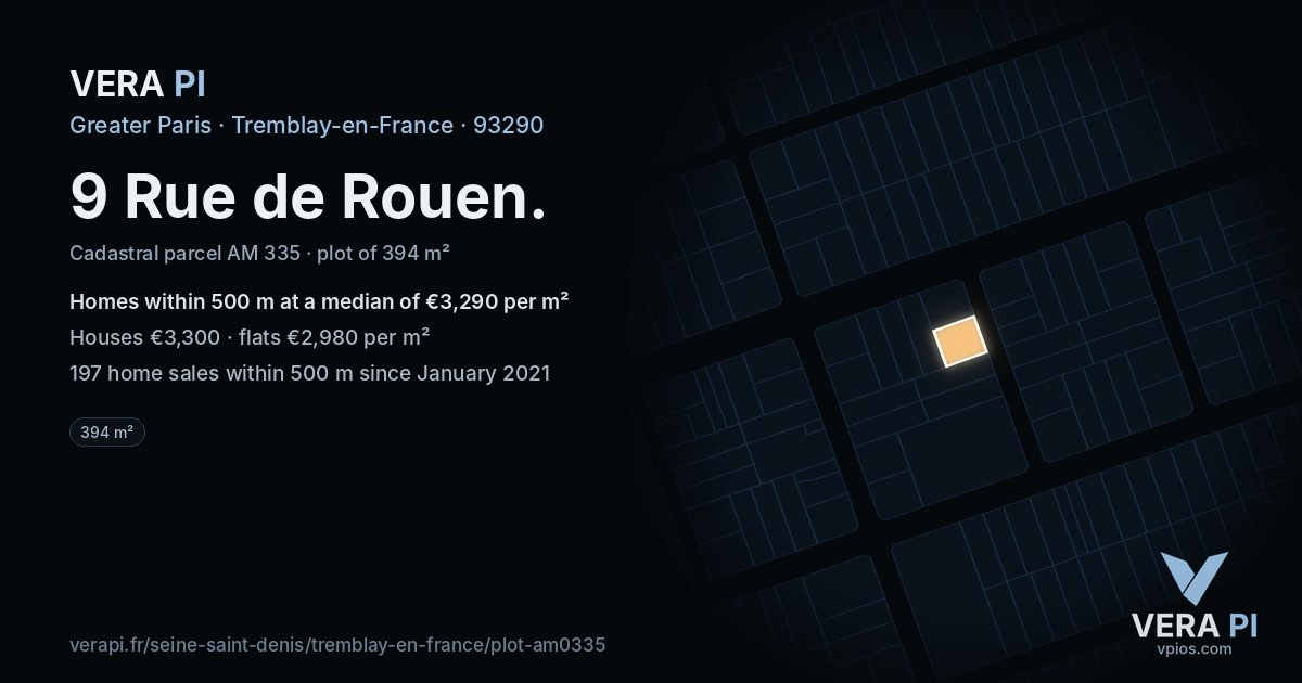 9 Rue de Rouen, Tremblay-en-France at night – the plot lit, the parcels around coloured by the prices near them