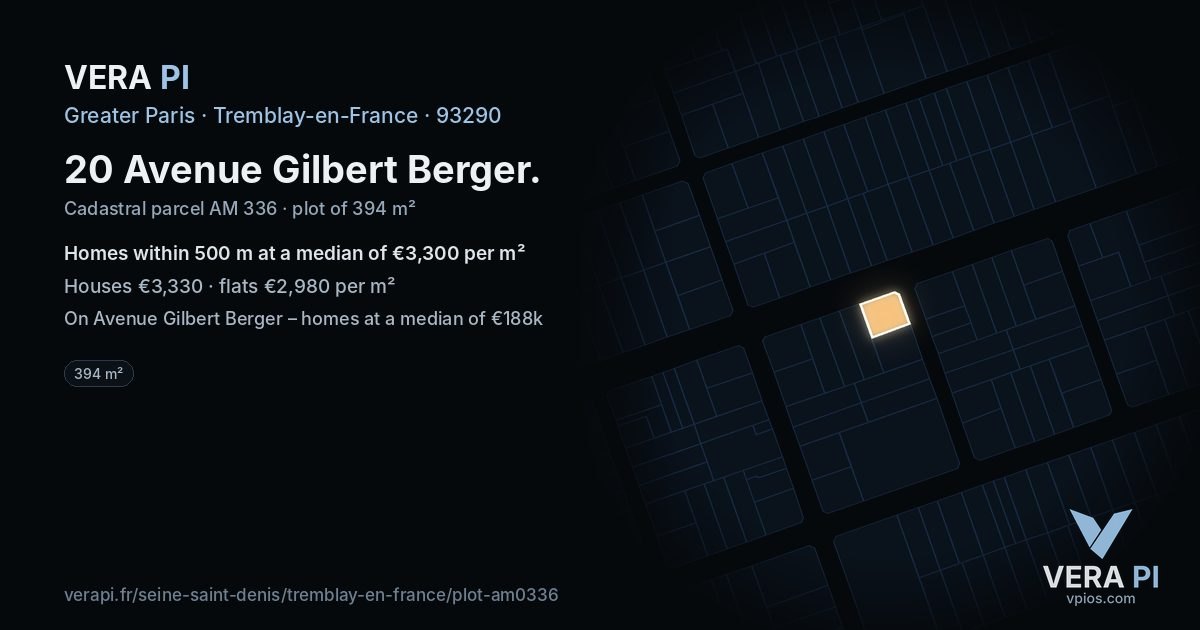 20 Avenue Gilbert Berger, Tremblay-en-France at night – the plot lit, the parcels around coloured by the prices near them