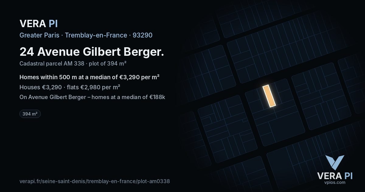 24 Avenue Gilbert Berger, Tremblay-en-France at night – the plot lit, the parcels around coloured by the prices near them