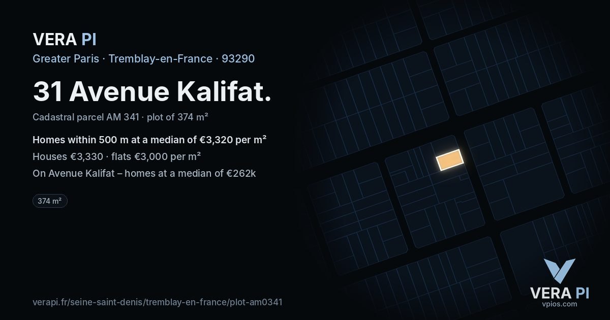 31 Avenue Kalifat, Tremblay-en-France at night – the plot lit, the parcels around coloured by the prices near them