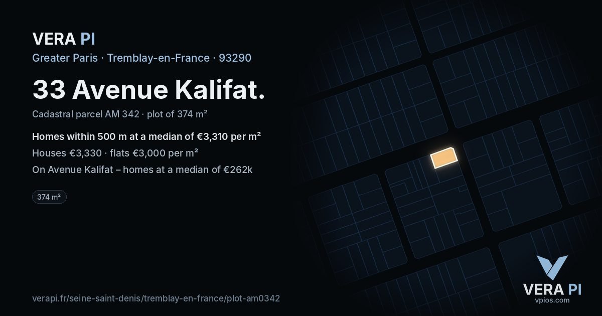 33 Avenue Kalifat, Tremblay-en-France at night – the plot lit, the parcels around coloured by the prices near them