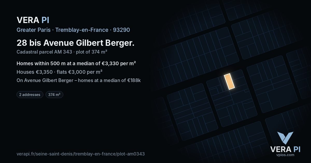 28 bis Avenue Gilbert Berger, Tremblay-en-France at night – the plot lit, the parcels around coloured by the prices near them