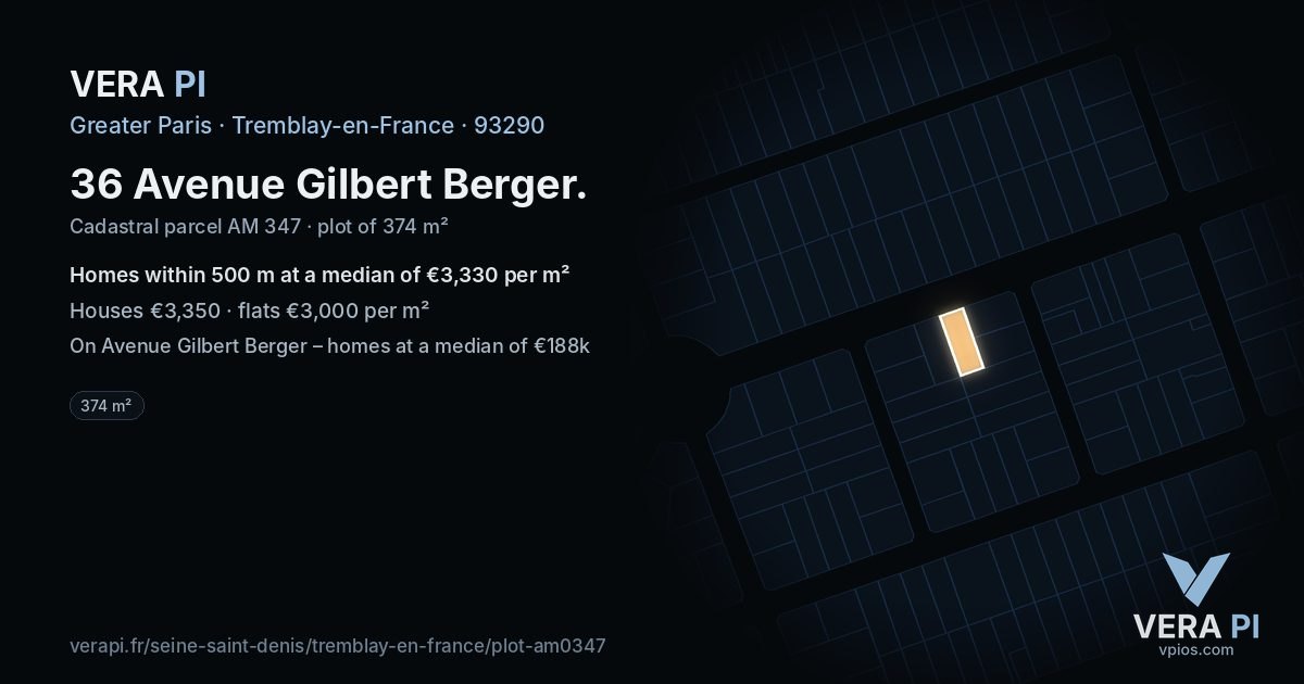 36 Avenue Gilbert Berger, Tremblay-en-France at night – the plot lit, the parcels around coloured by the prices near them