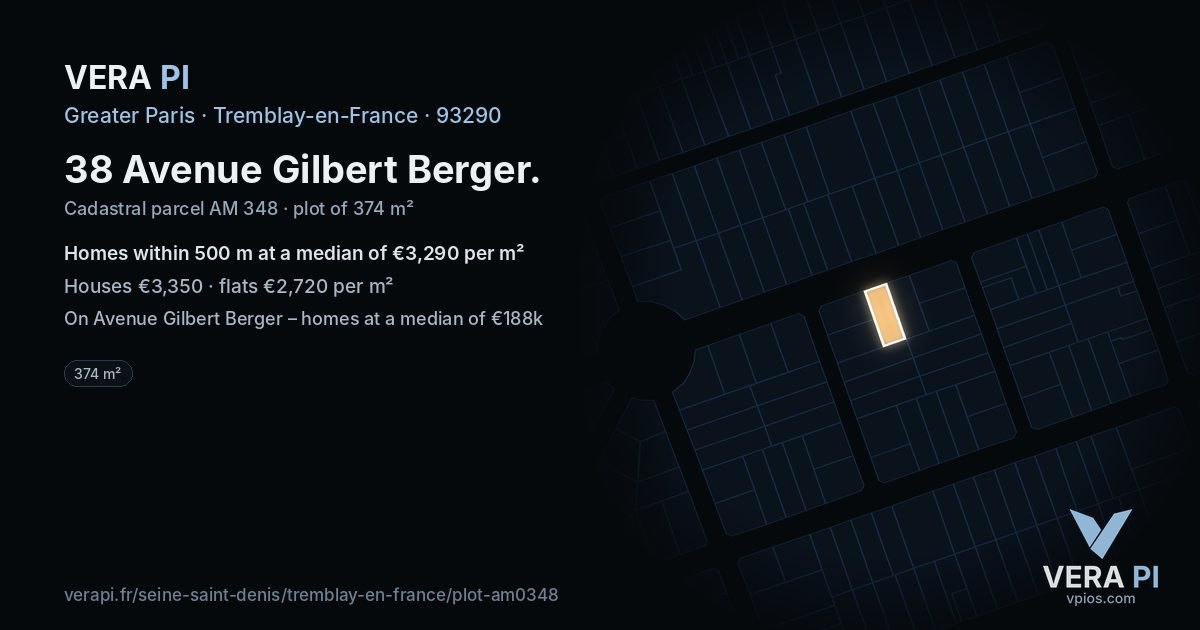 38 Avenue Gilbert Berger, Tremblay-en-France at night – the plot lit, the parcels around coloured by the prices near them