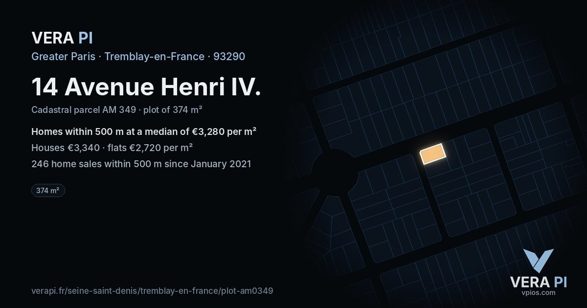 14 Avenue Henri IV, Tremblay-en-France at night – the plot lit, the parcels around coloured by the prices near them