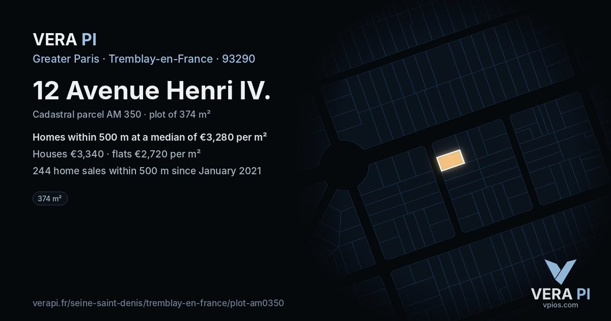 12 Avenue Henri IV, Tremblay-en-France at night – the plot lit, the parcels around coloured by the prices near them