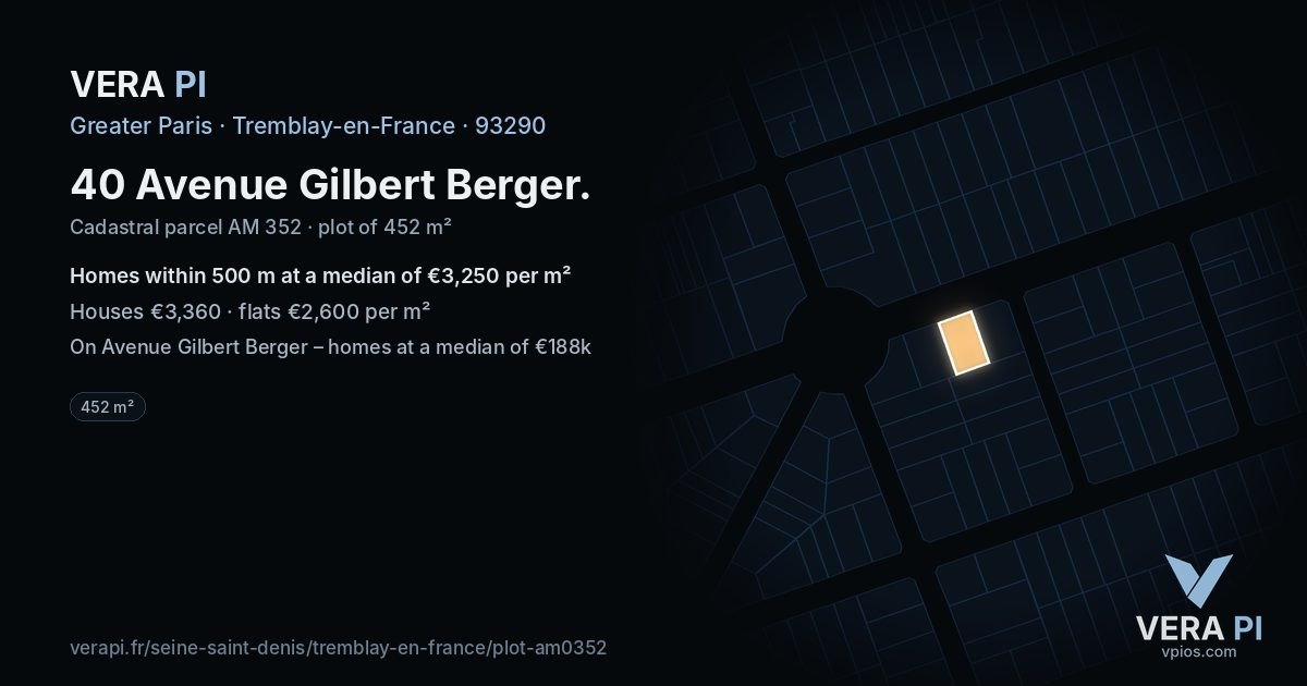 40 Avenue Gilbert Berger, Tremblay-en-France at night – the plot lit, the parcels around coloured by the prices near them