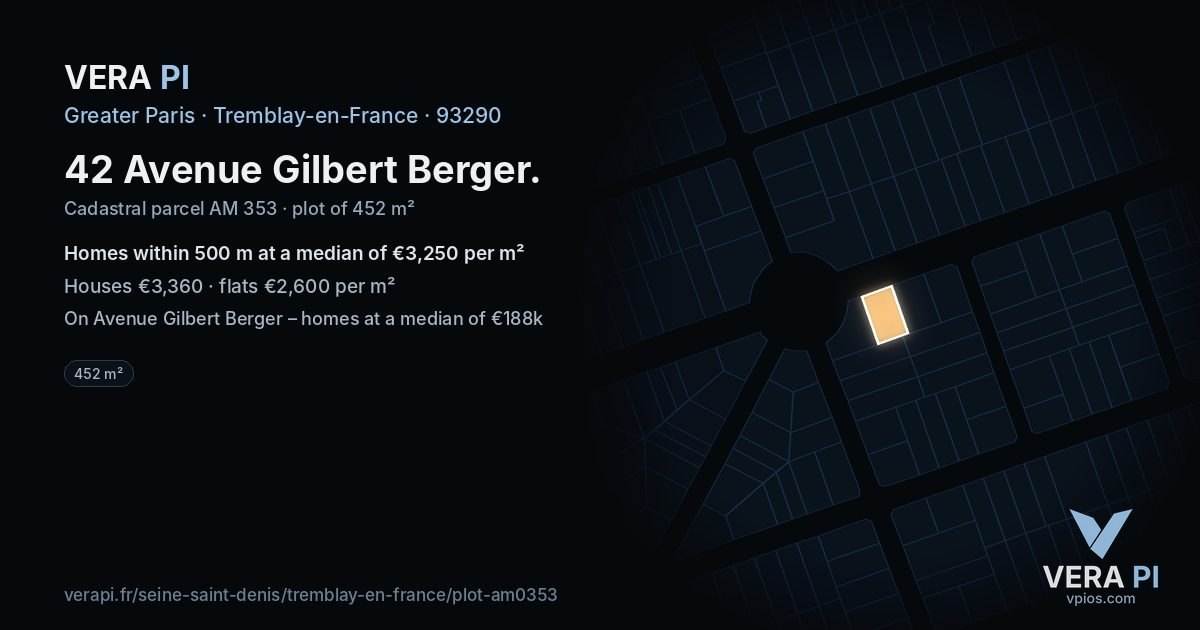 42 Avenue Gilbert Berger, Tremblay-en-France at night – the plot lit, the parcels around coloured by the prices near them