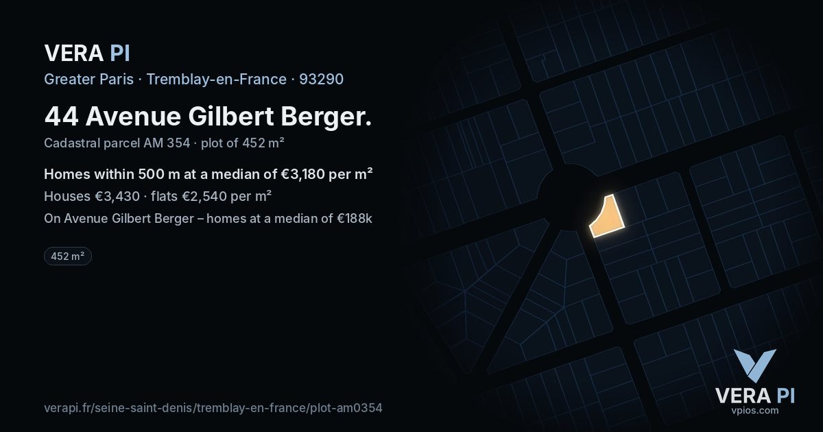 44 Avenue Gilbert Berger, Tremblay-en-France at night – the plot lit, the parcels around coloured by the prices near them