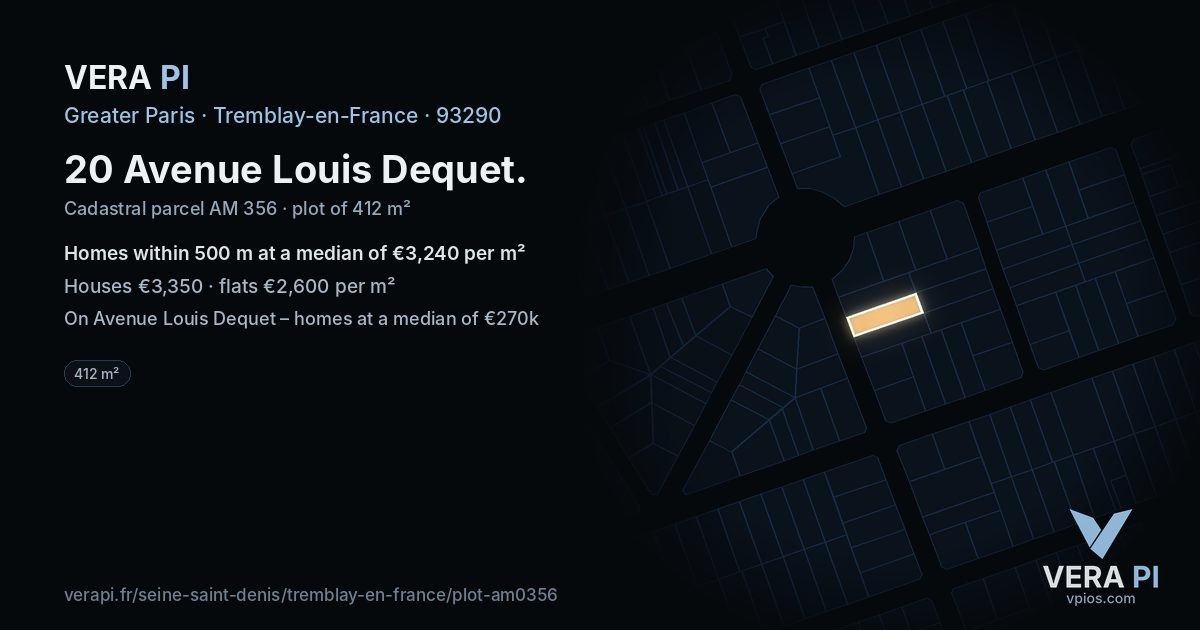 20 Avenue Louis Dequet, Tremblay-en-France at night – the plot lit, the parcels around coloured by the prices near them