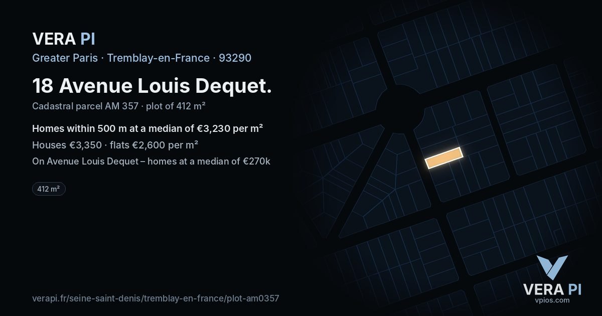 18 Avenue Louis Dequet, Tremblay-en-France at night – the plot lit, the parcels around coloured by the prices near them