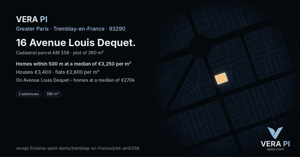 16 Avenue Louis Dequet, Tremblay-en-France at night – the plot lit, the parcels around coloured by the prices near them