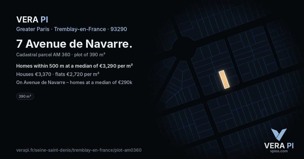 7 Avenue de Navarre, Tremblay-en-France at night – the plot lit, the parcels around coloured by the prices near them
