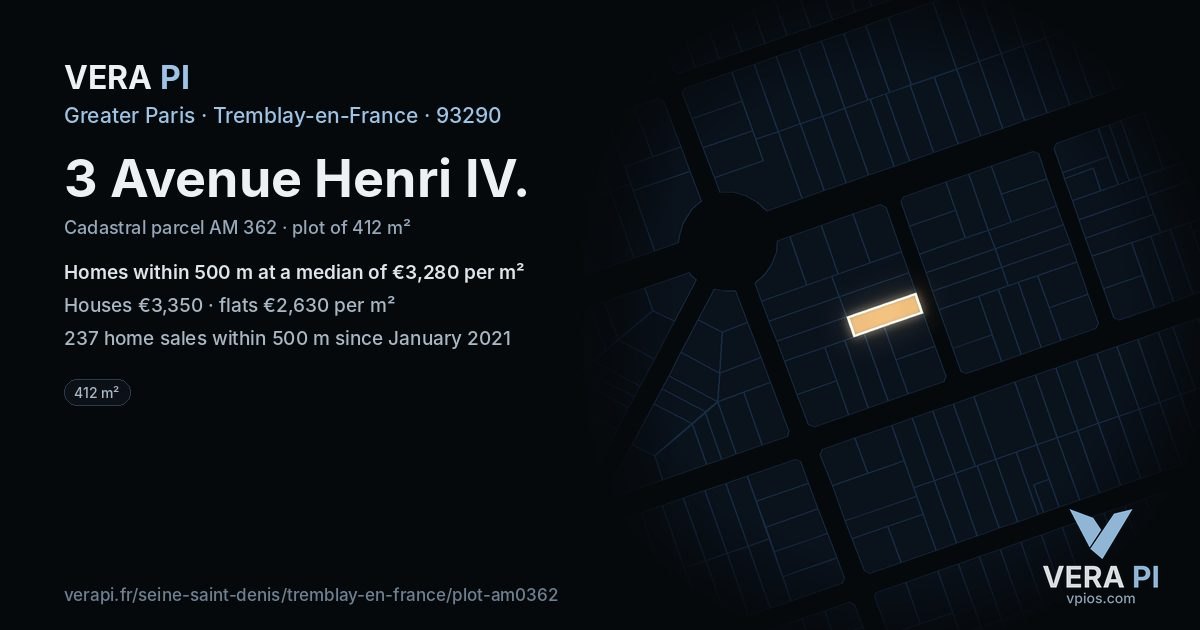 3 Avenue Henri IV, Tremblay-en-France at night – the plot lit, the parcels around coloured by the prices near them