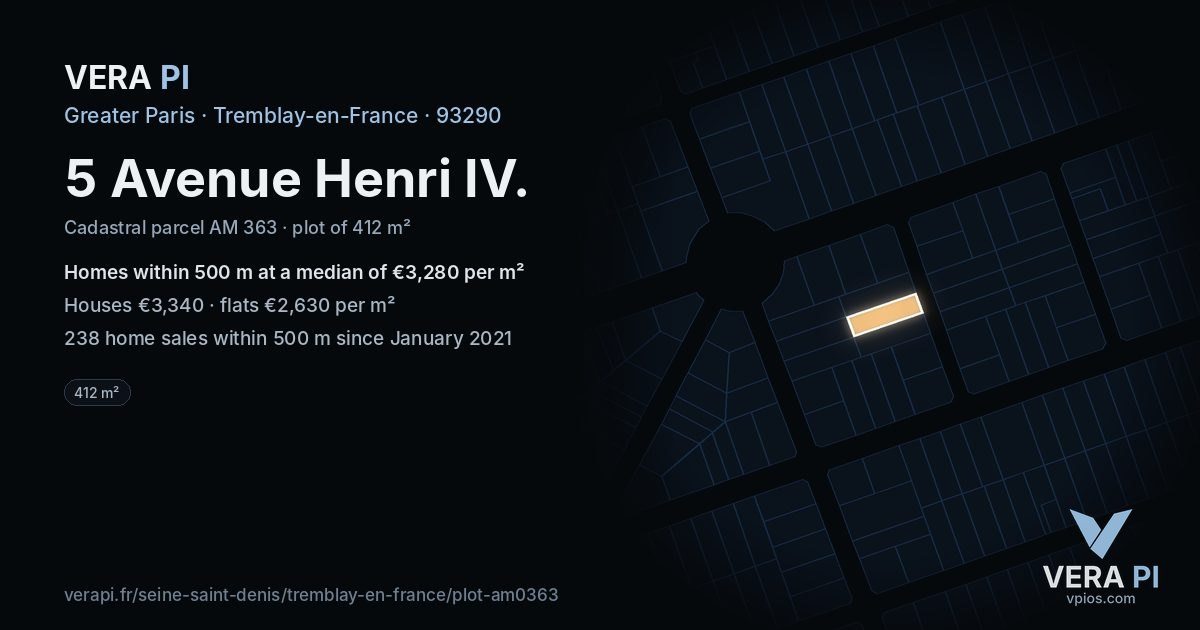 5 Avenue Henri IV, Tremblay-en-France at night – the plot lit, the parcels around coloured by the prices near them