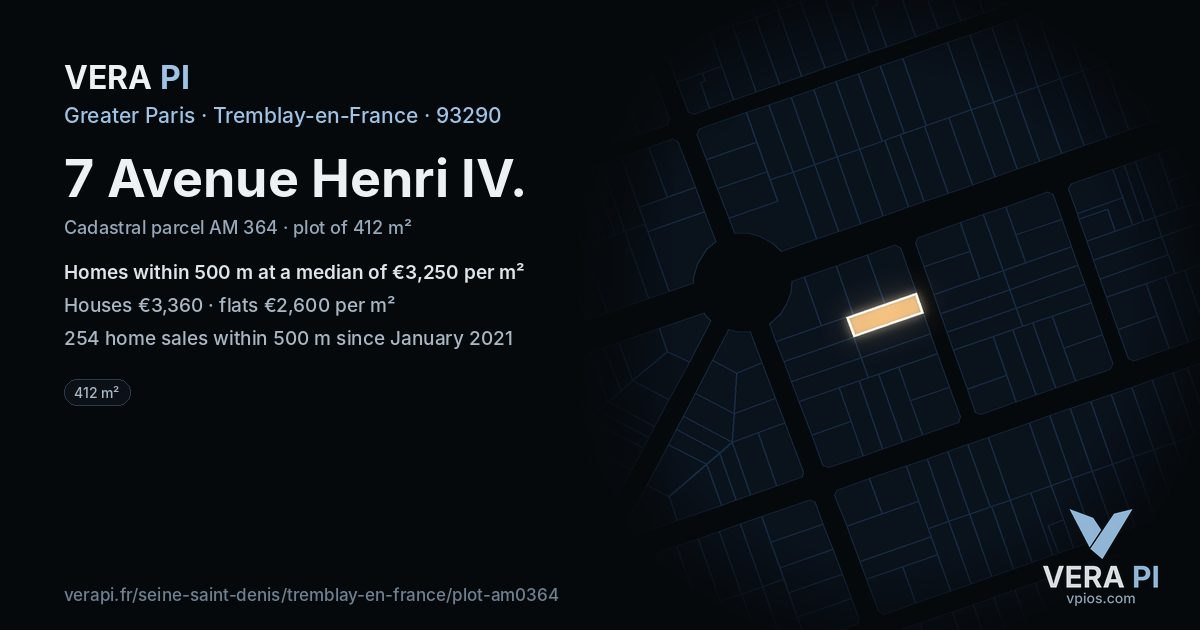 7 Avenue Henri IV, Tremblay-en-France at night – the plot lit, the parcels around coloured by the prices near them