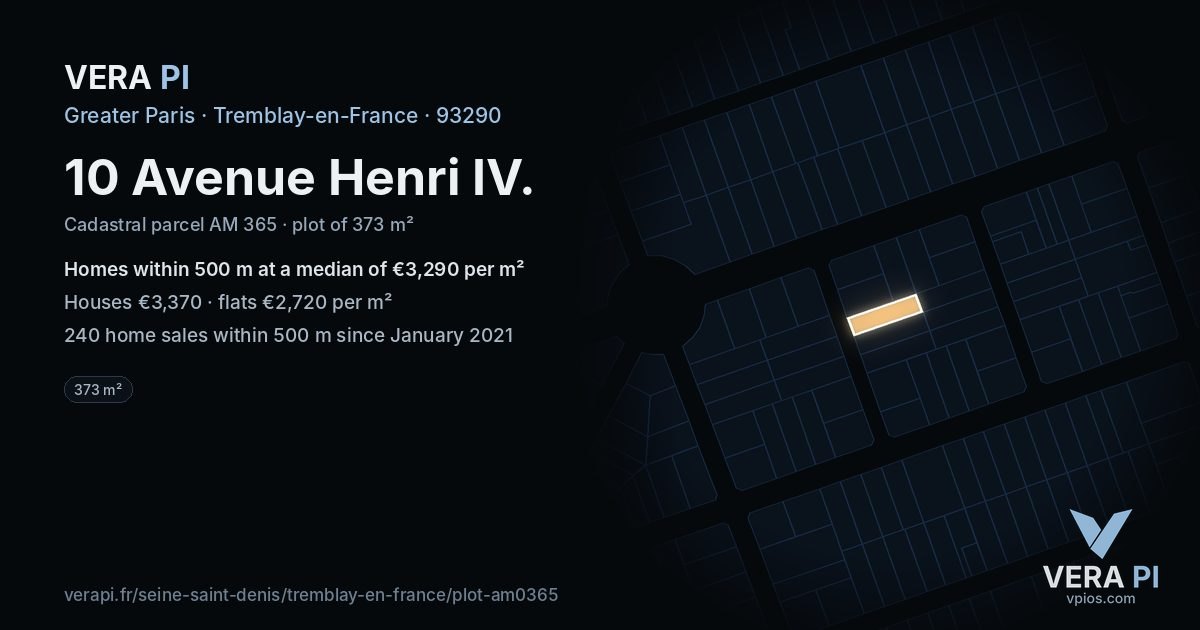 10 Avenue Henri IV, Tremblay-en-France at night – the plot lit, the parcels around coloured by the prices near them