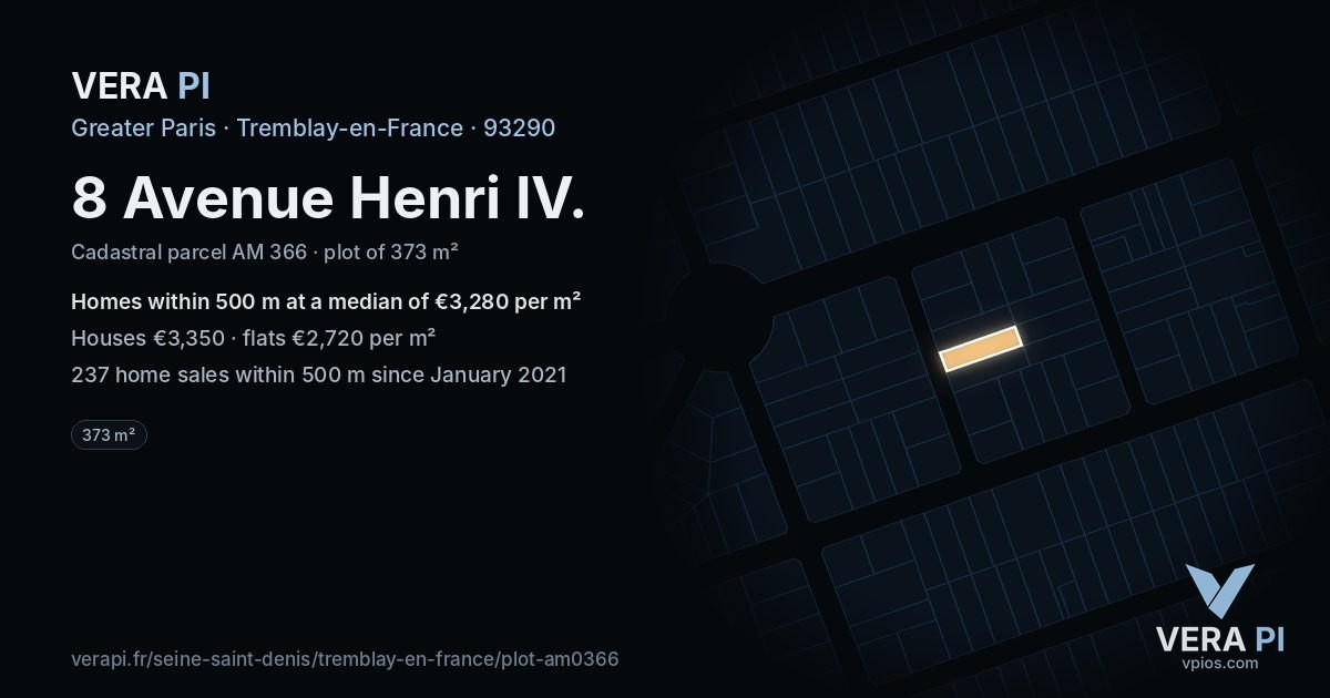 8 Avenue Henri IV, Tremblay-en-France at night – the plot lit, the parcels around coloured by the prices near them
