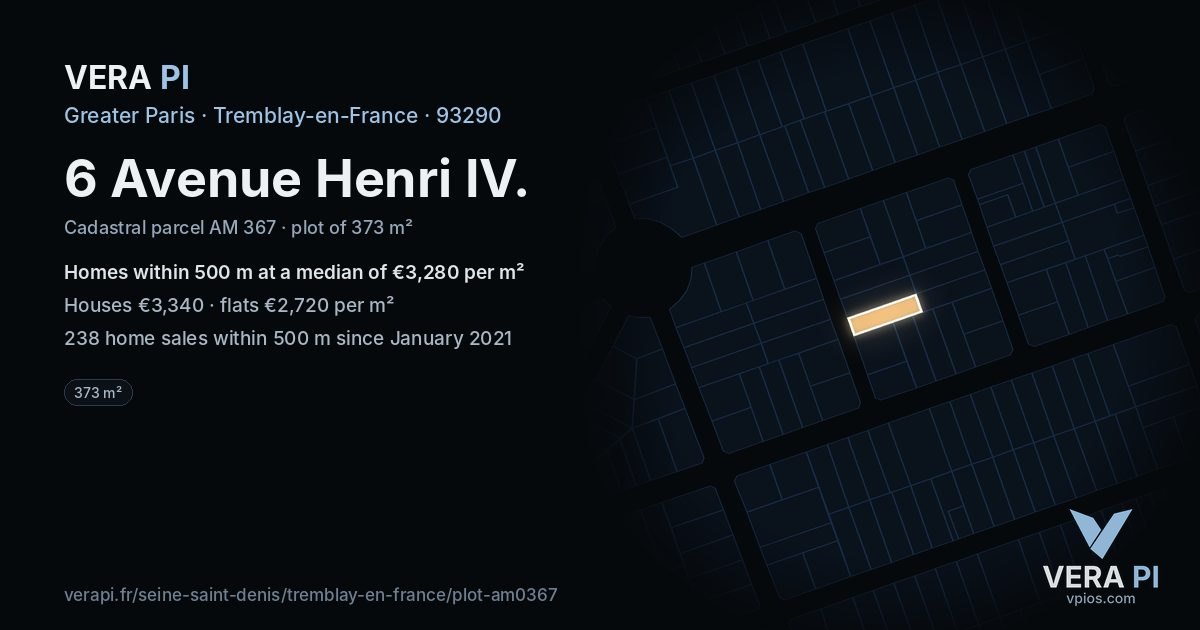 6 Avenue Henri IV, Tremblay-en-France at night – the plot lit, the parcels around coloured by the prices near them