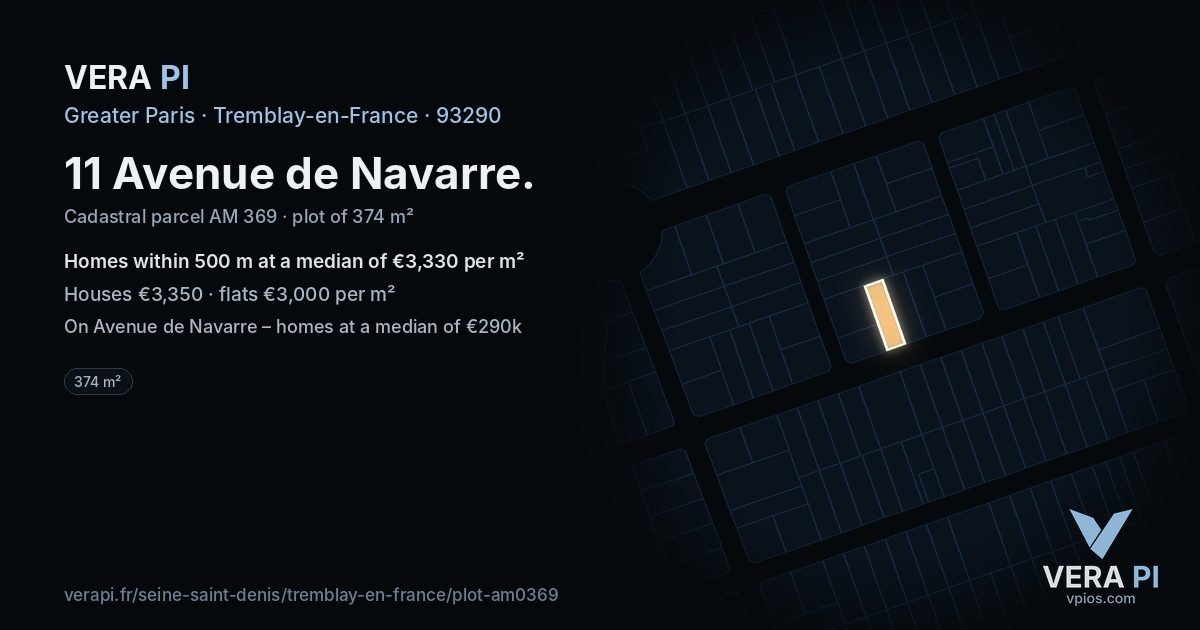 11 Avenue de Navarre, Tremblay-en-France at night – the plot lit, the parcels around coloured by the prices near them