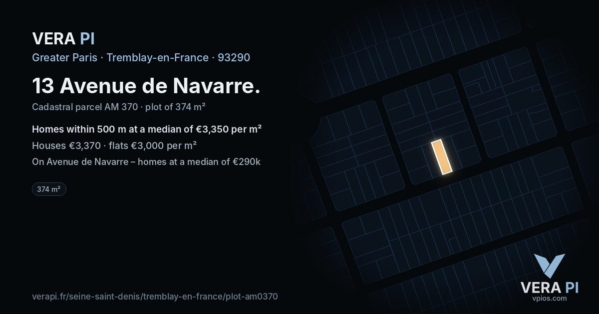 13 Avenue de Navarre, Tremblay-en-France at night – the plot lit, the parcels around coloured by the prices near them