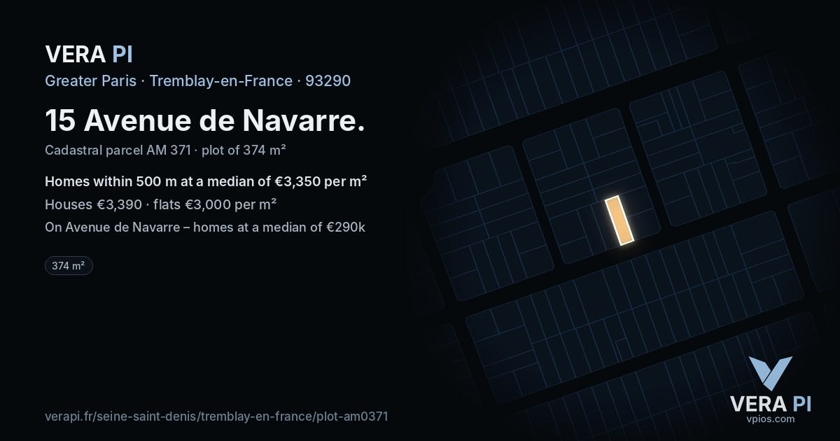 15 Avenue de Navarre, Tremblay-en-France at night – the plot lit, the parcels around coloured by the prices near them
