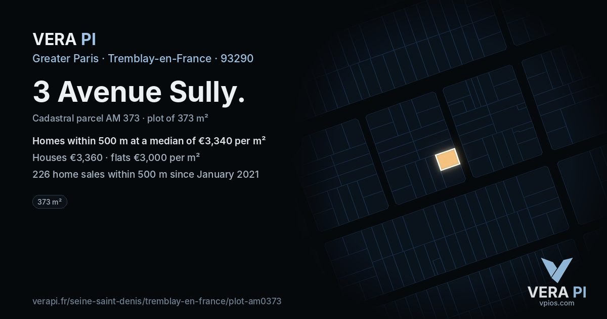 3 Avenue Sully, Tremblay-en-France at night – the plot lit, the parcels around coloured by the prices near them