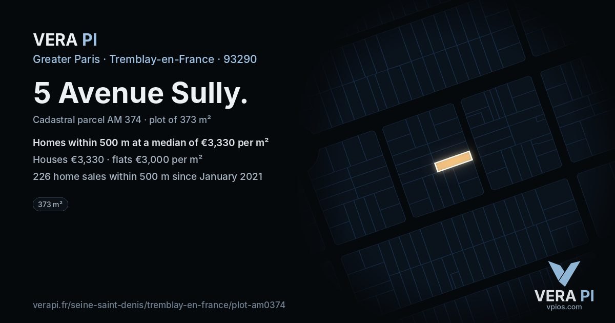 5 Avenue Sully, Tremblay-en-France at night – the plot lit, the parcels around coloured by the prices near them