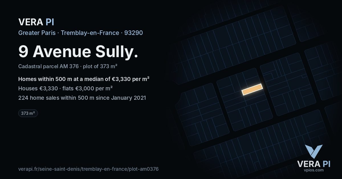 9 Avenue Sully, Tremblay-en-France at night – the plot lit, the parcels around coloured by the prices near them